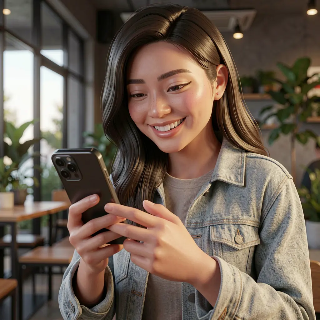 Happy Filipino woman smiling while checking casino games on the DIAMONDJL mobile app in a modern casual setting
