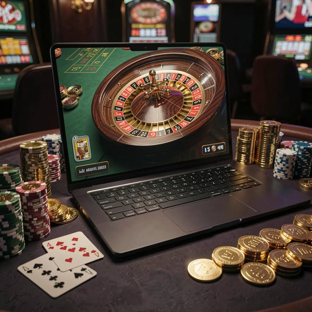 Modern laptop showing a live roulette wheel surrounded by casino chips and cards representing the immersive online casino experience at DIAMONDJL for players in the Philippines
