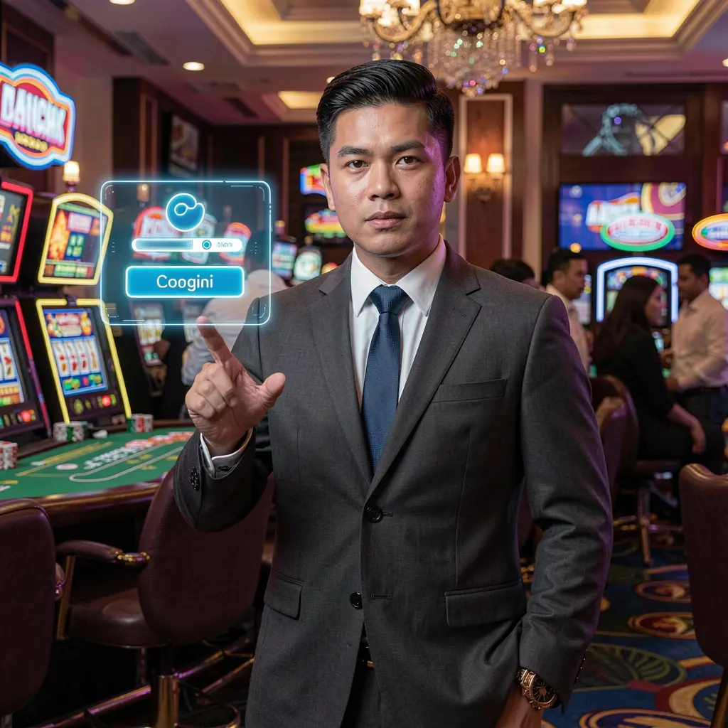 Confident Filipino casino host pointing toward a glowing digital login button in a vibrant casino setting representing secure access at DIAMONDJL