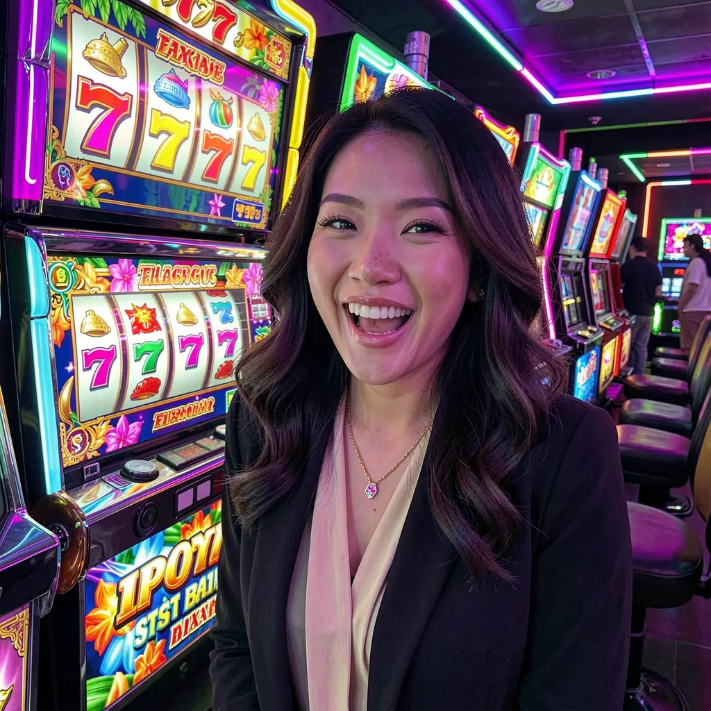 Happy woman celebrating a big win in front of glowing 777 slot symbols inside the vibrant DIAMONDJL online casino experience for players in the Philippines